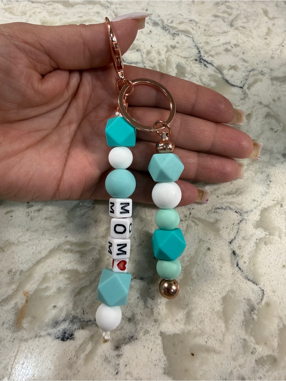 Teal & Mint Beaded 'MOM' Keychain Set